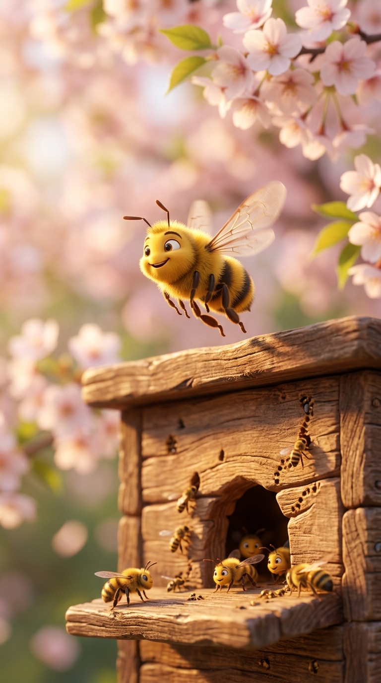 Close-up of a honeybee taking off from a wooden hive entrance, with cherry orchard in soft focus behind it.