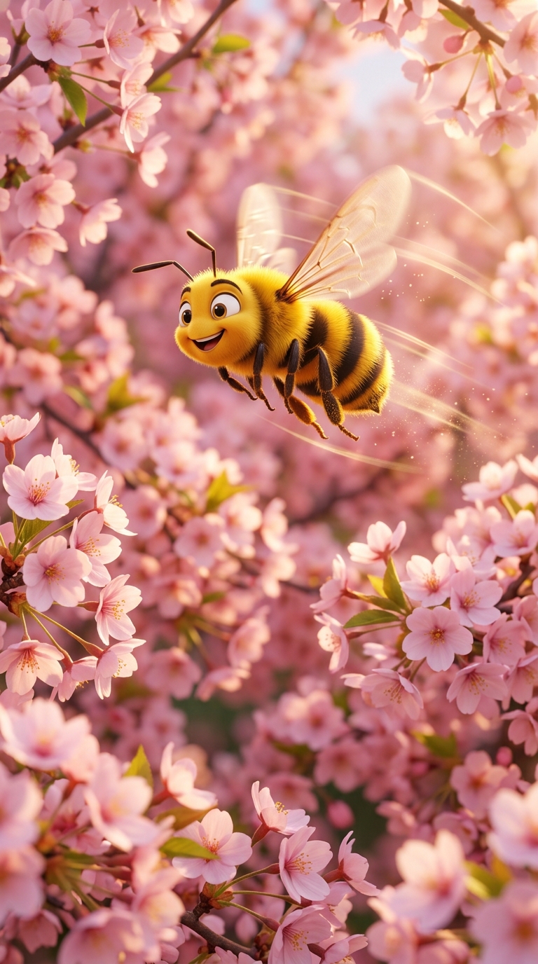 High-speed footage of a honeybee in flight over cherry blossoms, motion blur to emphasize speed.