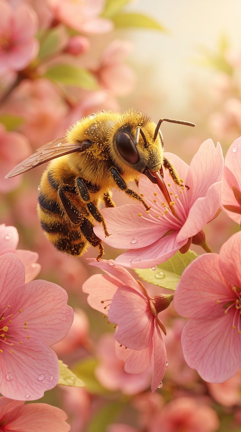 Macro shot of a bee feeding on cherry blossoms, proboscis extended into flower center, pollen visible on body.
