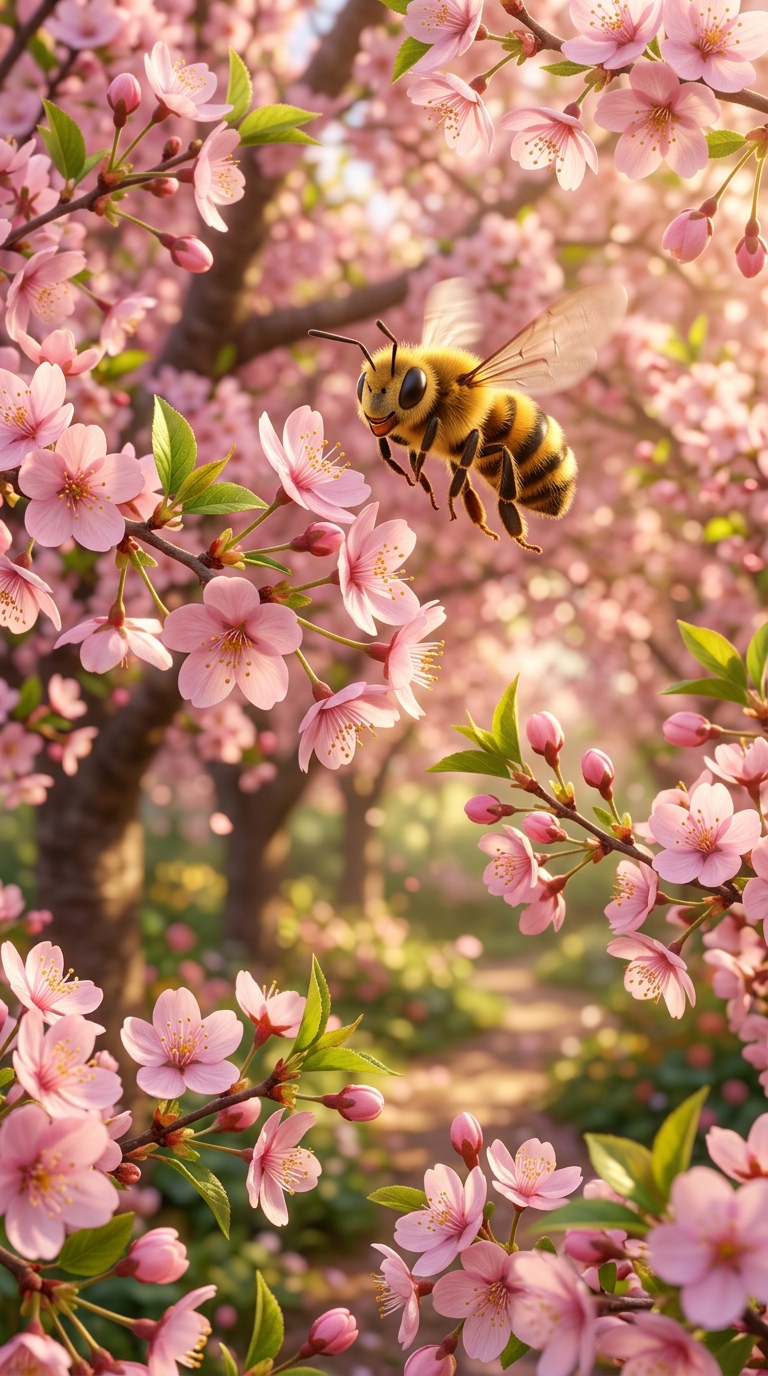 Wide shot of honeybee moving from flower to flower in a blooming orchard, multiple blossoms visible, busy collecting.