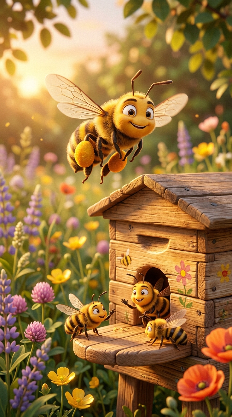 Honeybee returning to hive entrance with pollen baskets full, other bees at entrance, warm golden light.