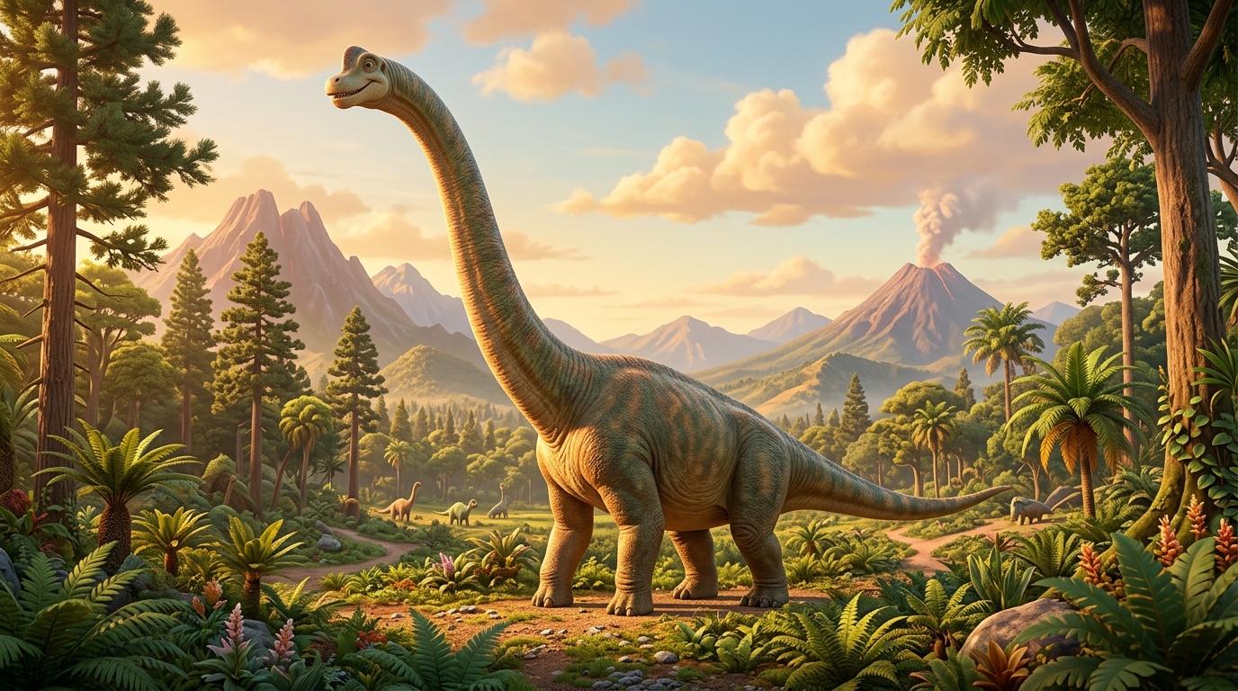 Brachiosaurus standing in profile in a Jurassic landscape, full body visible, massive neck extended upward, long tail balancing the body, conifer trees and ferns surrounding it
