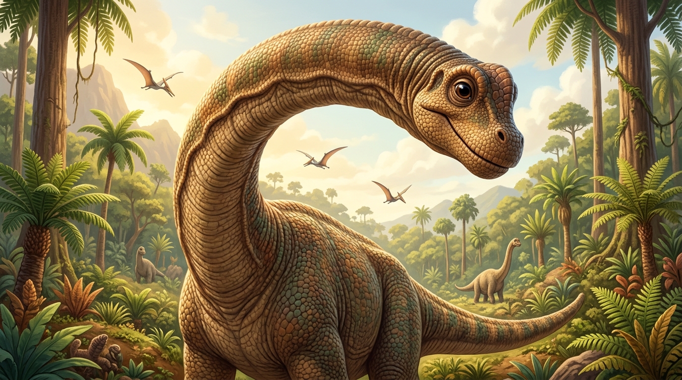 Close-up of Brachiosaurus long neck and head, showing incredible length and muscle structure, neck extending upward with smaller trees nearby for scale comparison