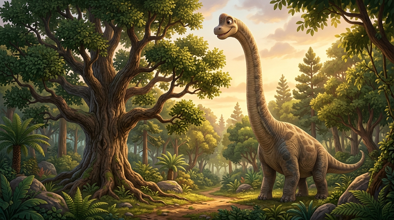 Comparison illustration: Brachiosaurus neck alongside a full oak tree, showing that the tree is still taller than the neck, both in natural forest setting with dappled sunlight