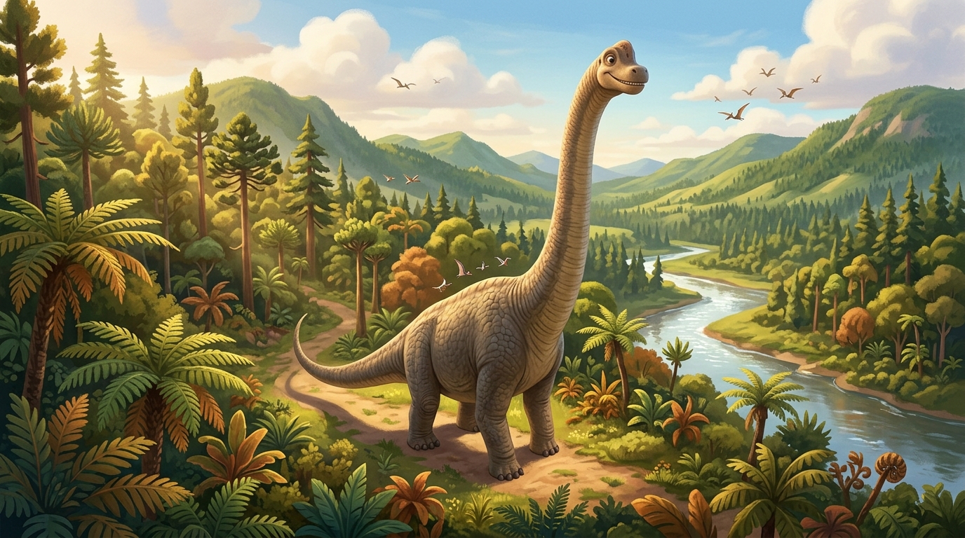 Full-body Brachiosaurus shown from above or in a landscape where its entire length is visible, tail extended behind, dwarfing surrounding trees and landscape features