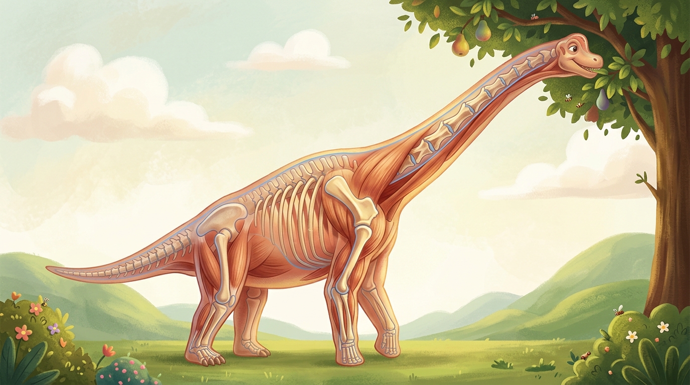 Anatomical side-view illustration of Brachiosaurus showing leg structure, emphasizing longer front legs than back legs, skeletal/musculature details visible