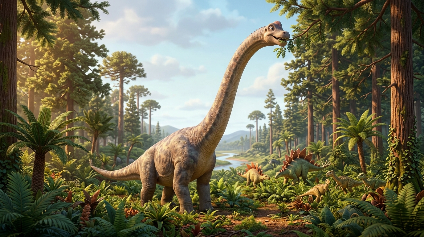Brachiosaurus feeding from tree canopy, neck extended upward toward tall conifer trees, other sauropods or dinosaurs at ground level visible in background for contrast, Jurassic forest setting