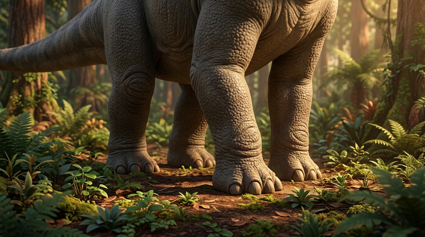 Close-up of Brachiosaurus legs, showing massive thickness and strength, legs rooted firmly in ground with prehistoric forest floor around them, emphasizing power and weight support