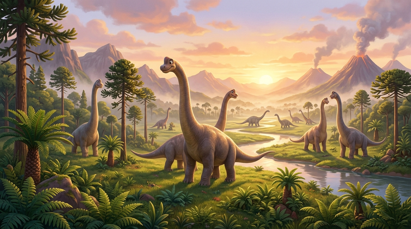 Panoramic landscape of Jurassic period showing Brachiosaurus in vast ancient forest with other sauropods, vast expanse of primitive vegetation, mountains in distance, dramatic sky with atmospheric perspective