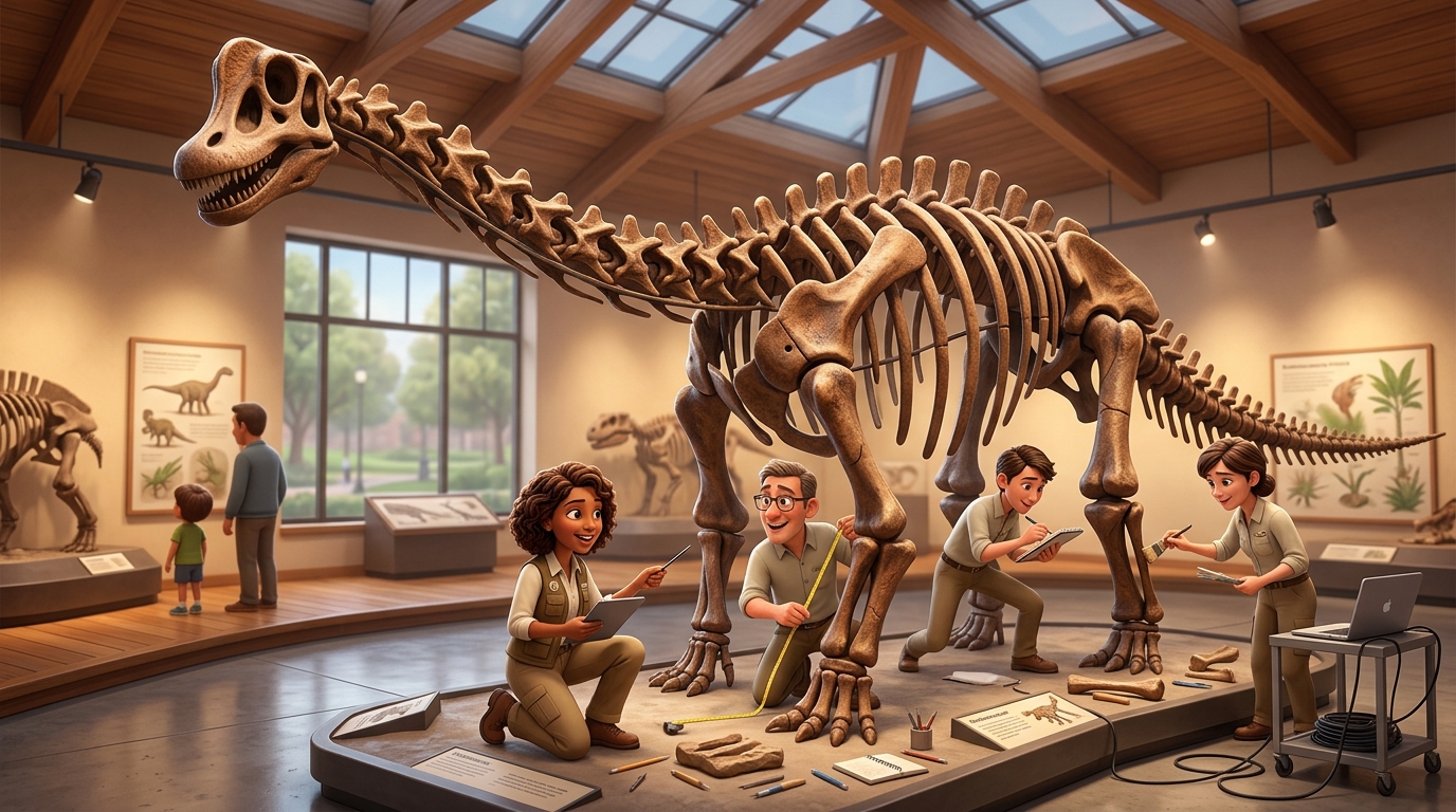 Museum fossil display or archaeological dig site showing Brachiosaurus bones, paleontologists examining skeletal remains, fossil preparation lab with bones being studied