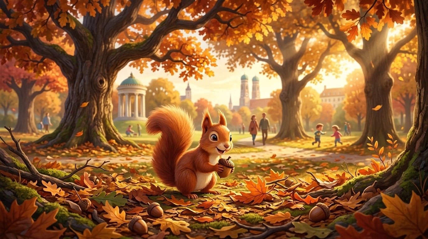 Golden autumn leaves falling gently over Munich city park, squirrels foraging on the ground, oak trees in background.