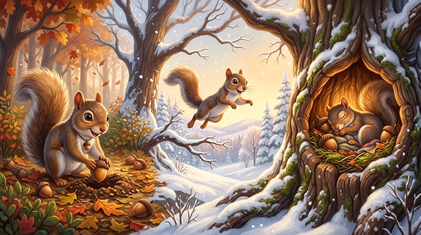 Montage of squirrel scenes: burying nuts, jumping between trees, resting in tree hollow, winter park scenery.
