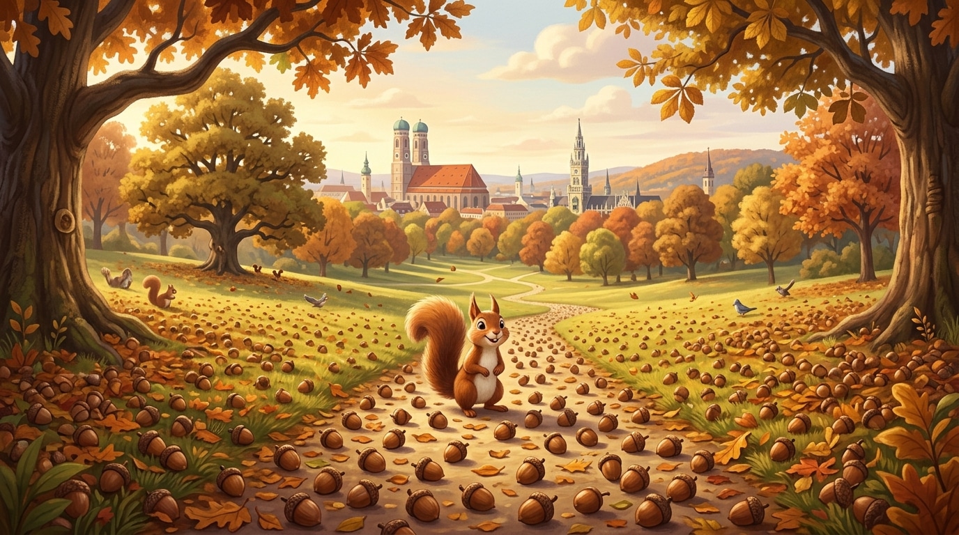Graphic showing 1000 acorns arranged in a pattern or scattered across a park landscape, illustrative style.