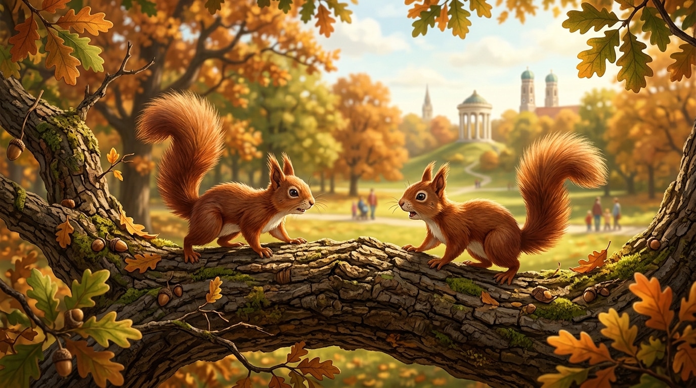 Two squirrels facing each other on a tree branch or on the ground, alert postures, autumn park setting with multiple trees.