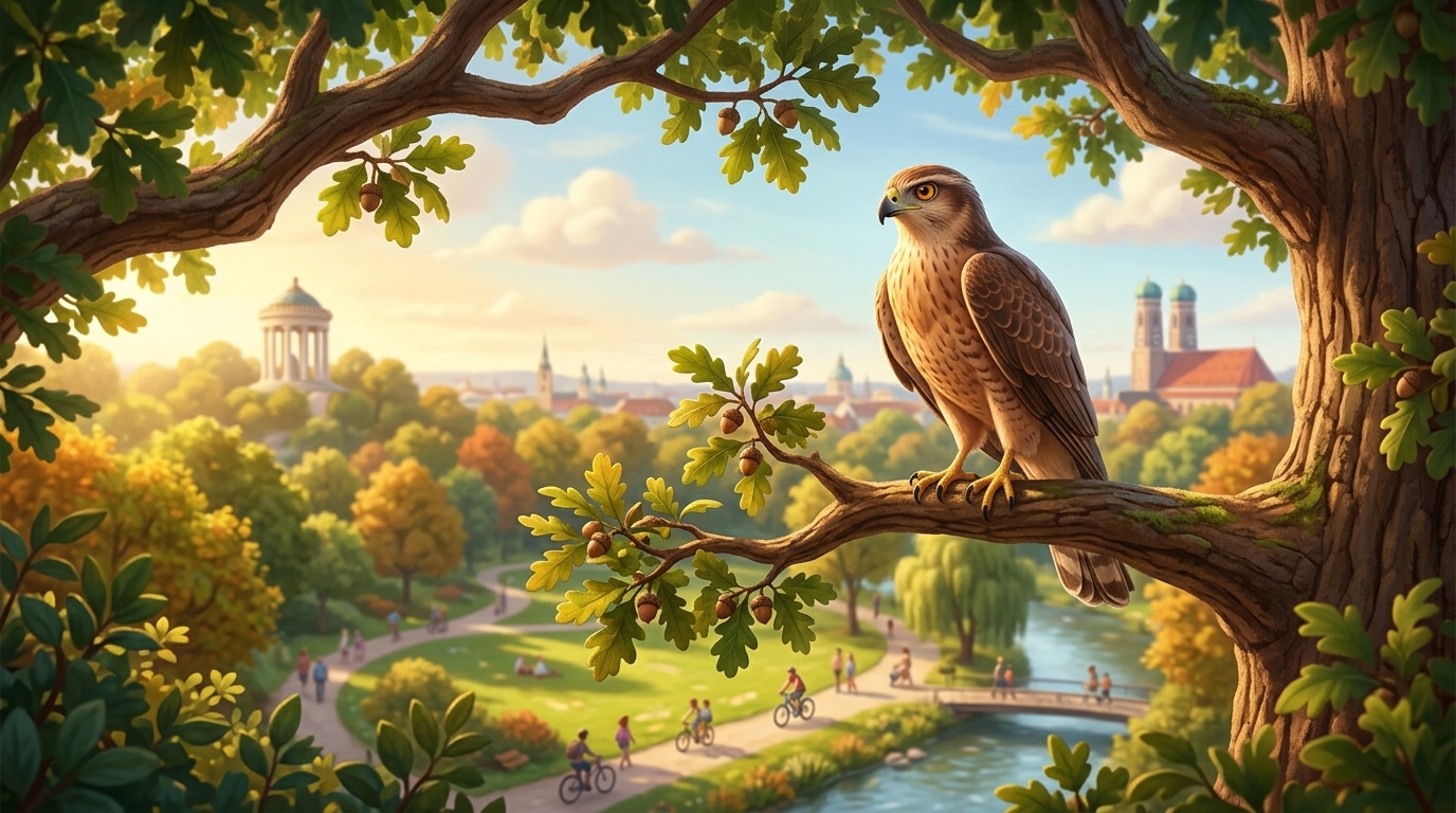 Hawk or sparrowhawk perched on a high branch or in flight, looking alert and predatory, park environment with trees.