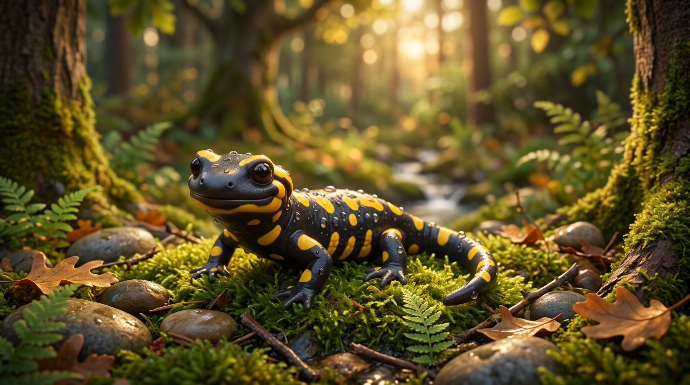 Close-up of a fire salamander on wet moss and rocks, showing its distinctive black body with bright yellow patterns, drops of water on its skin, soft forest light filtering through trees.