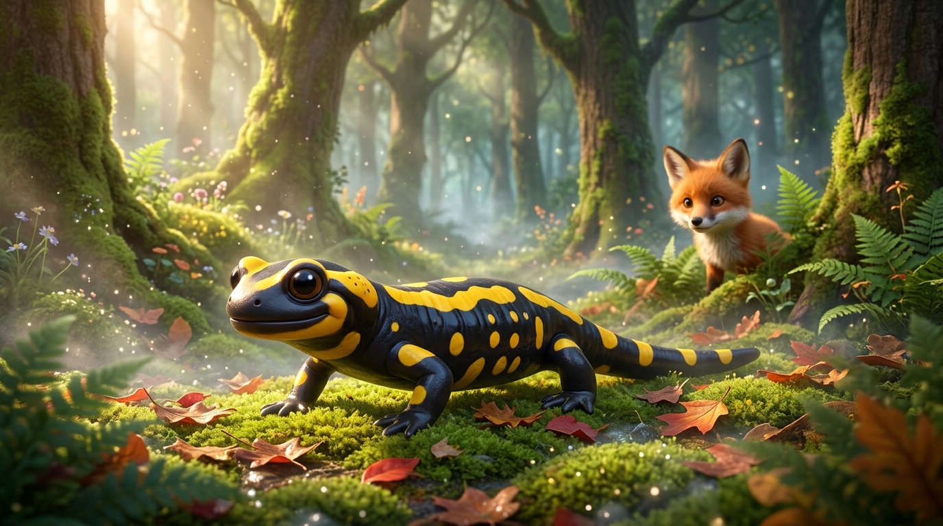 Fire salamander walking on wet forest floor, bright yellow markings glowing subtly against dark background, predator eyes (like a bird or snake) watching from the edge of frame.