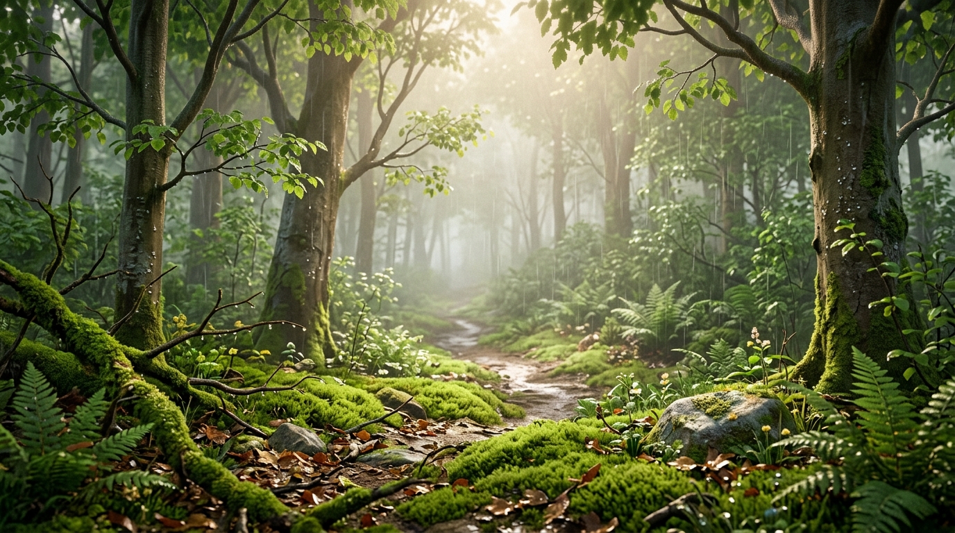 Misty German forest in spring rain, water droplets falling, wet moss and decomposing leaves on forest floor, early morning atmosphere with soft light, no salamanders visible yet – the forest is waking up.