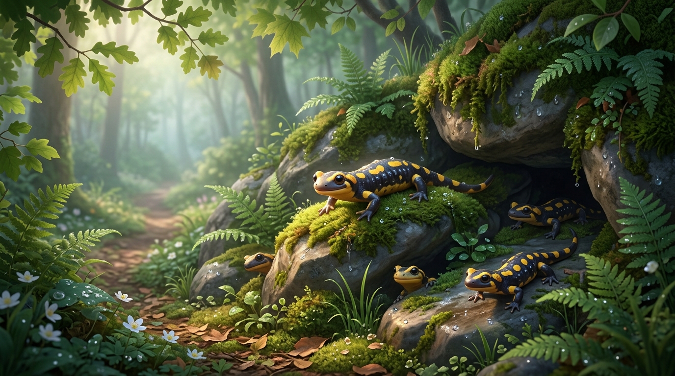 Fire salamanders emerging from rocky crevices and moss-covered stone formations, crawling out slowly from dark openings, morning light touching their wet bodies for the first time.