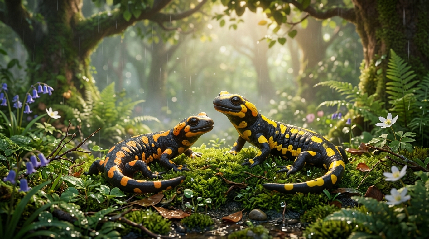 Two fire salamanders facing each other on wet moss, bodies positioned for courtship, gentle movements, soft forest lighting, intimate forest setting with rain still falling softly.