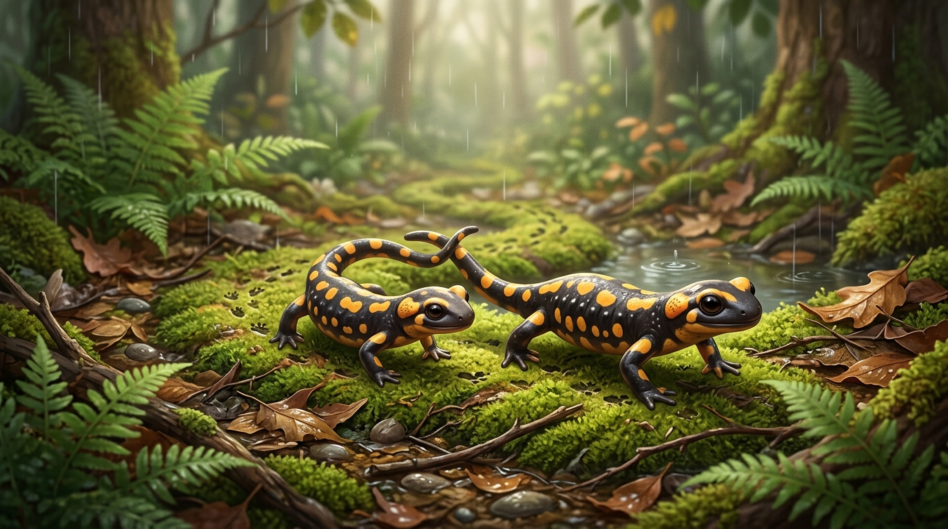 Two salamanders moving together across moss, wet leaves, and forest floor in a synchronized, slow, ceremonial pattern. The path they follow creates a natural spiral or figure-8 pattern on the moss.