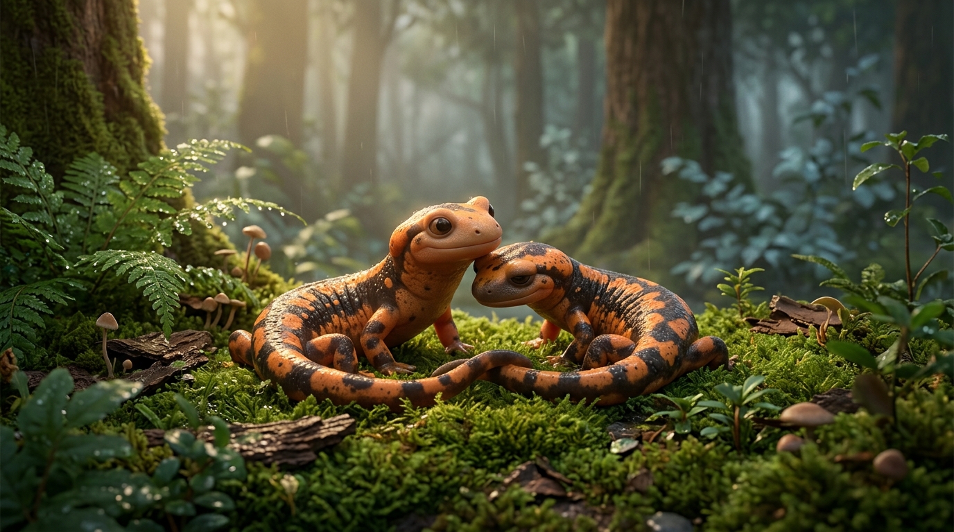Close-up of salamander pair on moss, the moment of transfer, showing the delicate nature of the ritual, forest mist in background, raindrops glistening.