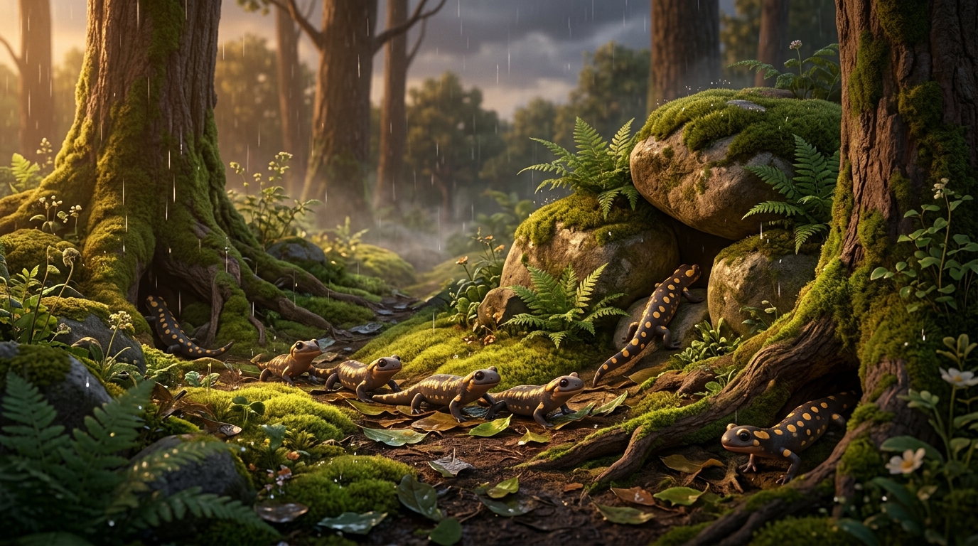 Fire salamanders slowly retreating back into dark crevices and under moss-covered rocks, the forest settling back into quiet stillness, rain continuing gently, evening light becoming softer.