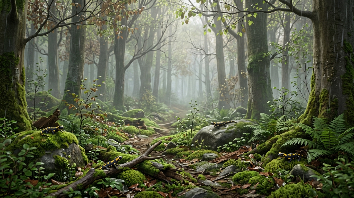 Wide shot of the entire misty German forest in spring rain, salamanders barely visible on the forest floor, the mystery and beauty of hidden nature, atmospheric and enchanting.