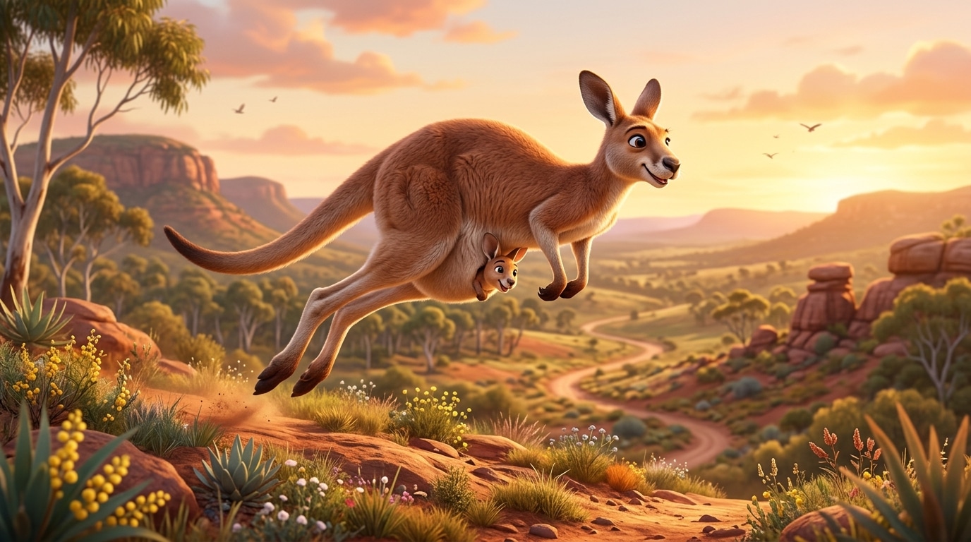 Full-body shot of kangaroo in sleek jumping posture, showing streamlined body shape