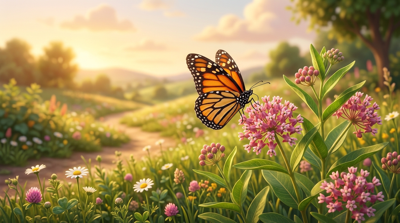 A close-up of a monarch butterfly perched on a milkweed flower, wings partially open, showing the distinctive orange, black, and white pattern in warm sunlight with soft background bokeh.