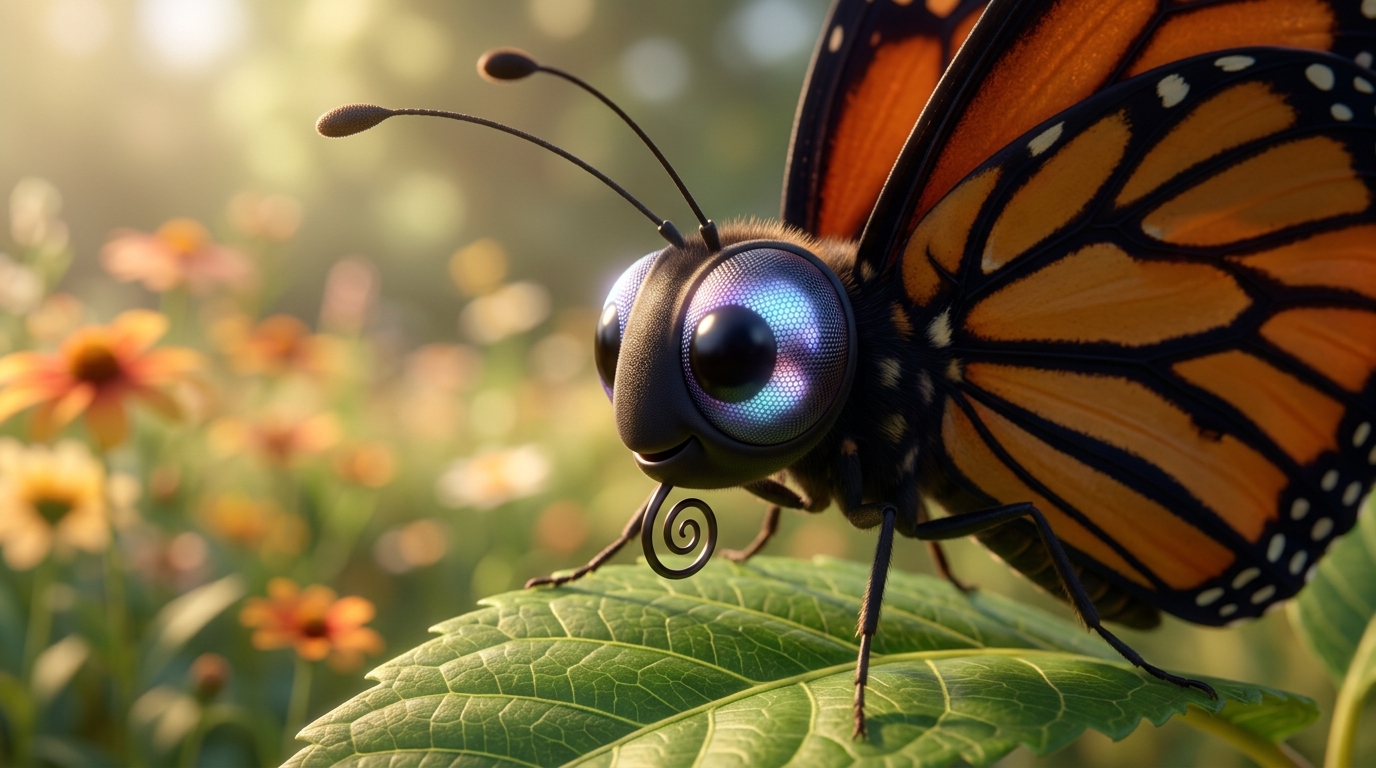 A detailed anatomical illustration or diagram showing a monarch butterfly's head and compound eye structure, with subtle glowing highlights around the eye area to indicate the special magnetic-sensing cells.
