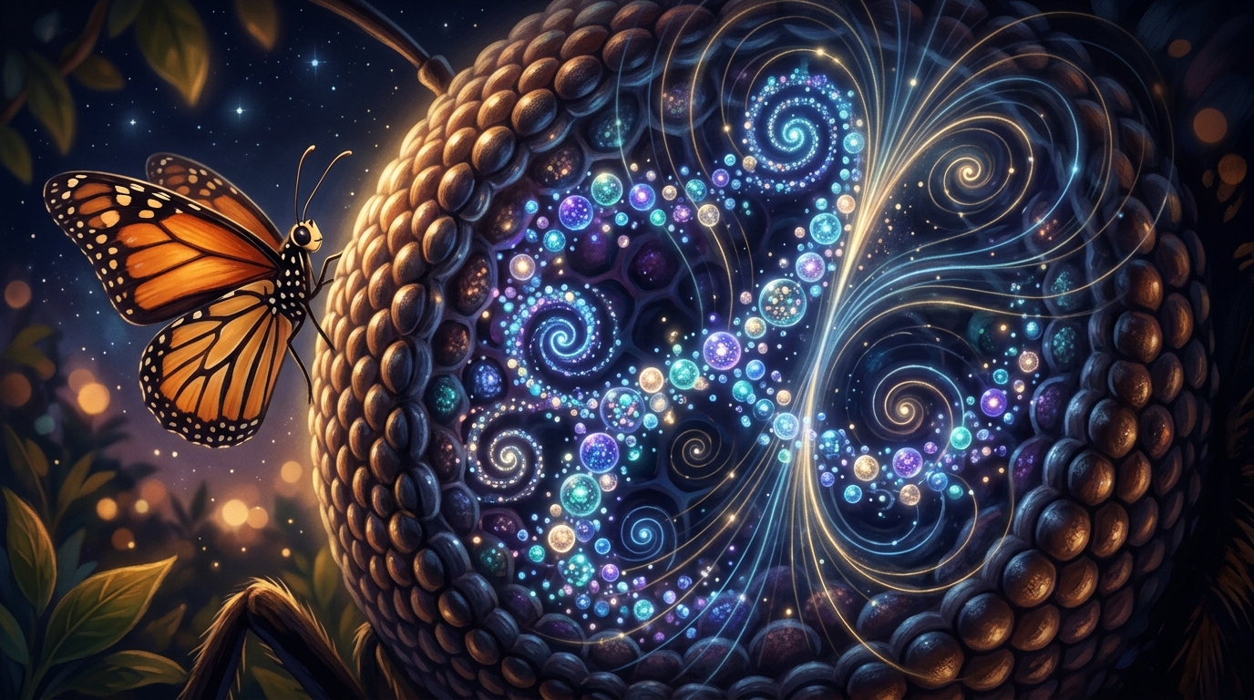 An artistic, glowing visualization of molecules (Cryptochrome proteins) inside a butterfly eye, shown as luminous structures responding to invisible magnetic field lines drawn as subtle blue light rays passing through them.