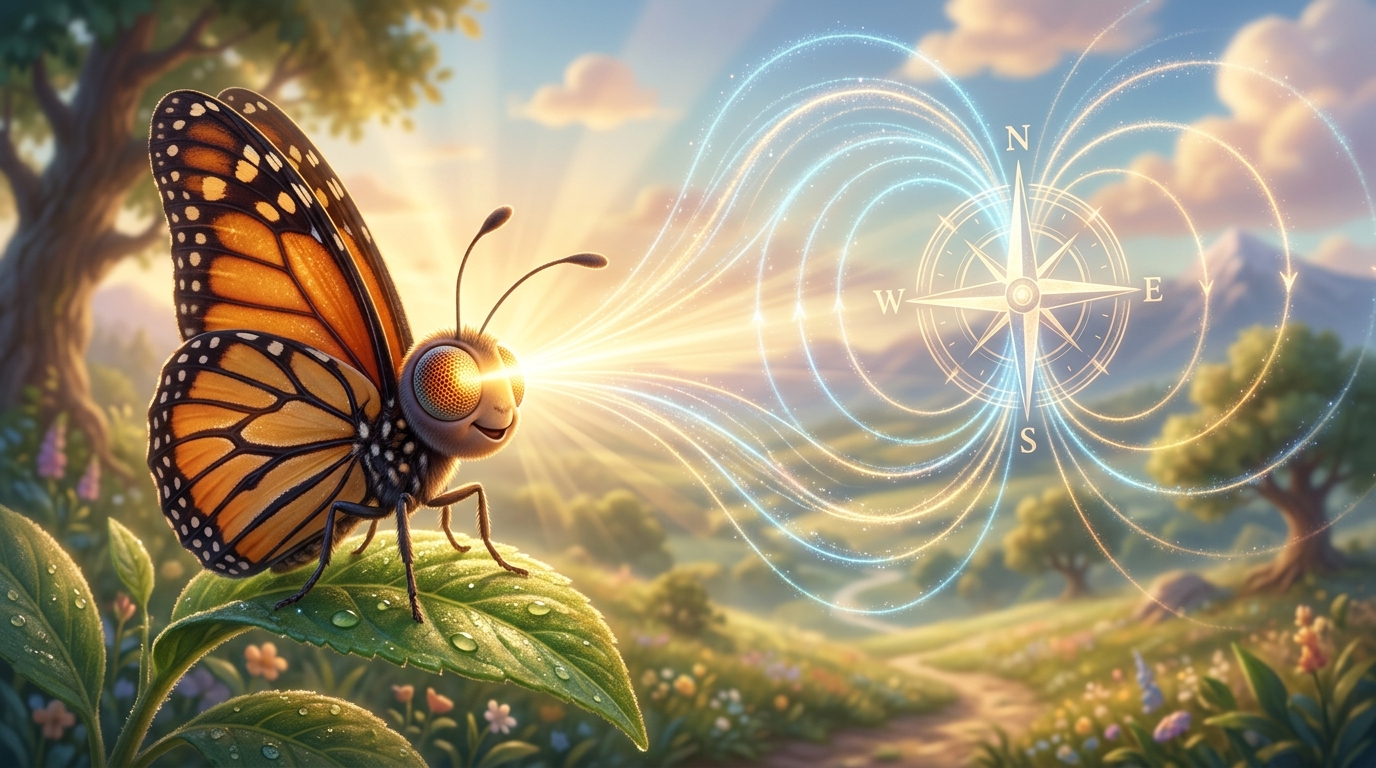 A magical visual showing how sunlight hits a monarch butterfly's eye, and a glowing compass overlay or magnetic field visualization appears in the butterfly's point of view, rendered as shimmering light patterns and directional arrows.