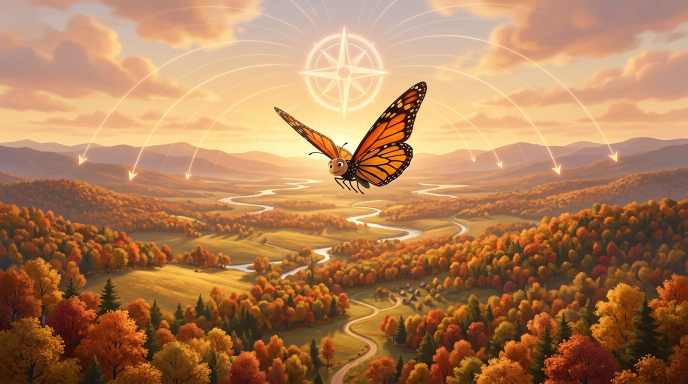 A monarch butterfly flying over a large landscape with a glowing compass overlay and directional arrows pointing south, showing the Earth's magnetic field lines in the background.