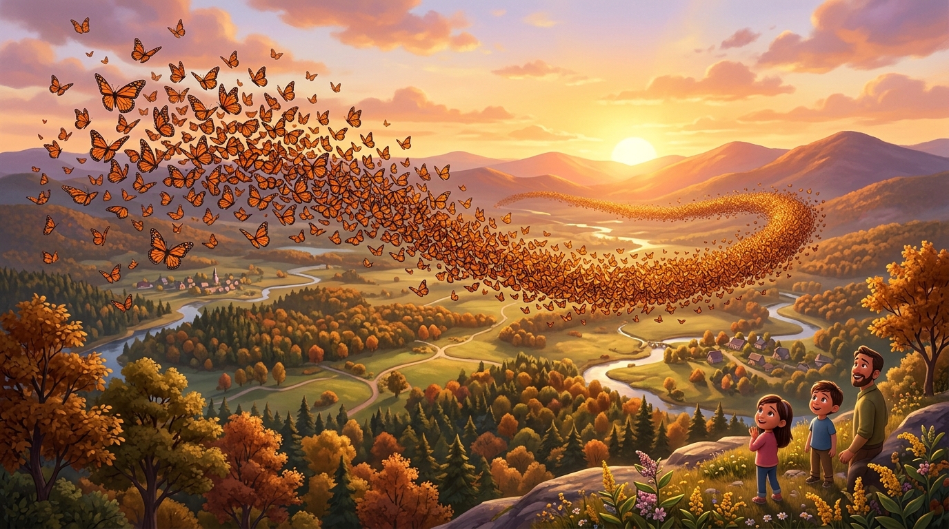 A breathtaking aerial view of thousands of monarch butterflies flying together in a massive orange and black cloud across mountains, forests, and fields, heading southward toward Mexico.