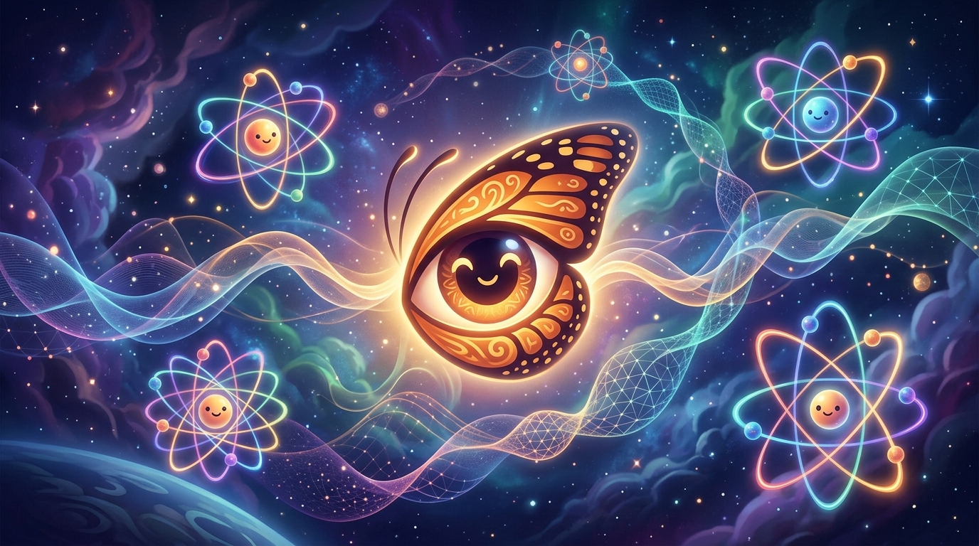 An abstract, colorful visualization of quantum mechanics—atoms, electrons, and energy waves interacting in a stylized way around a glowing butterfly eye.