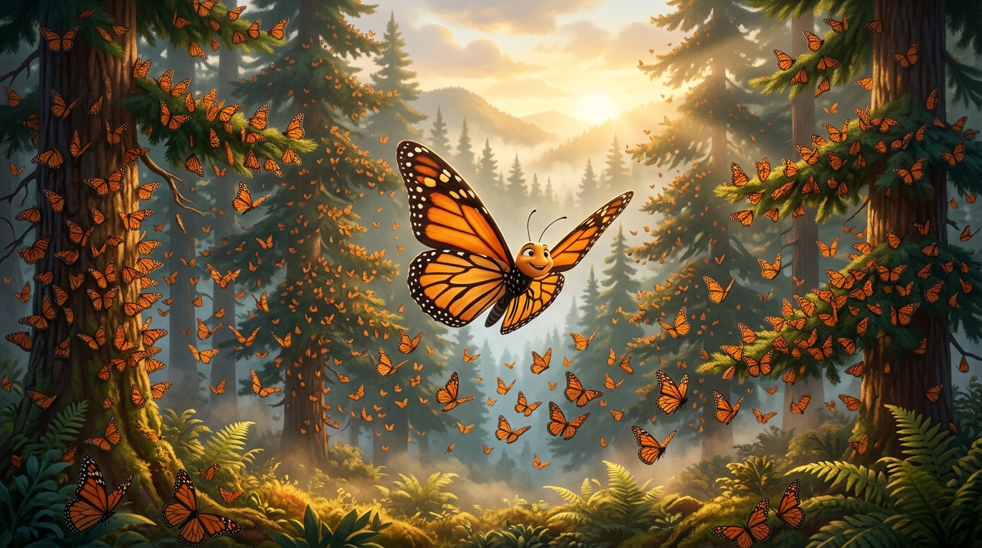 A montage showing a monarch butterfly flying triumphantly across diverse landscapes, arriving at a forest sanctuary in Mexico with other monarchs, surrounded by fir trees and misty mountains at sunrise.