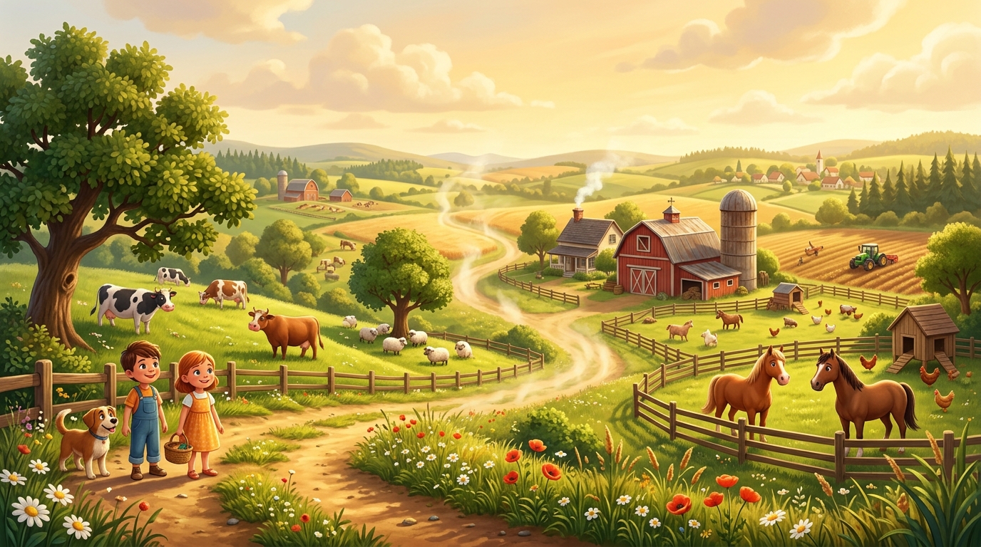 Wide shot of a sunny farm with various farm animals in the distance, heat shimmer in the air, pastoral landscape