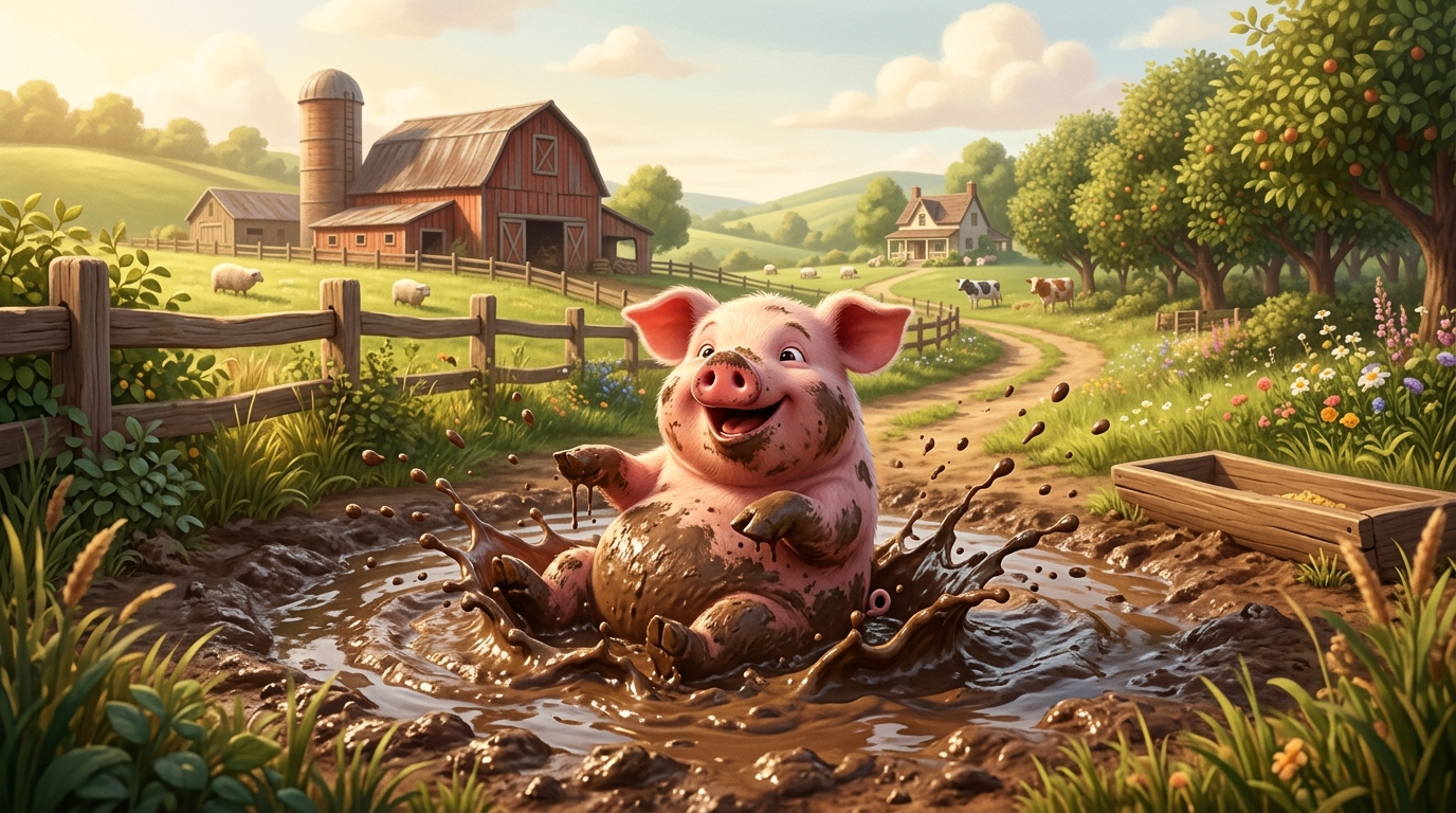 Close-up of a pig rolling joyfully in muddy water, mud covering its body, splashing
