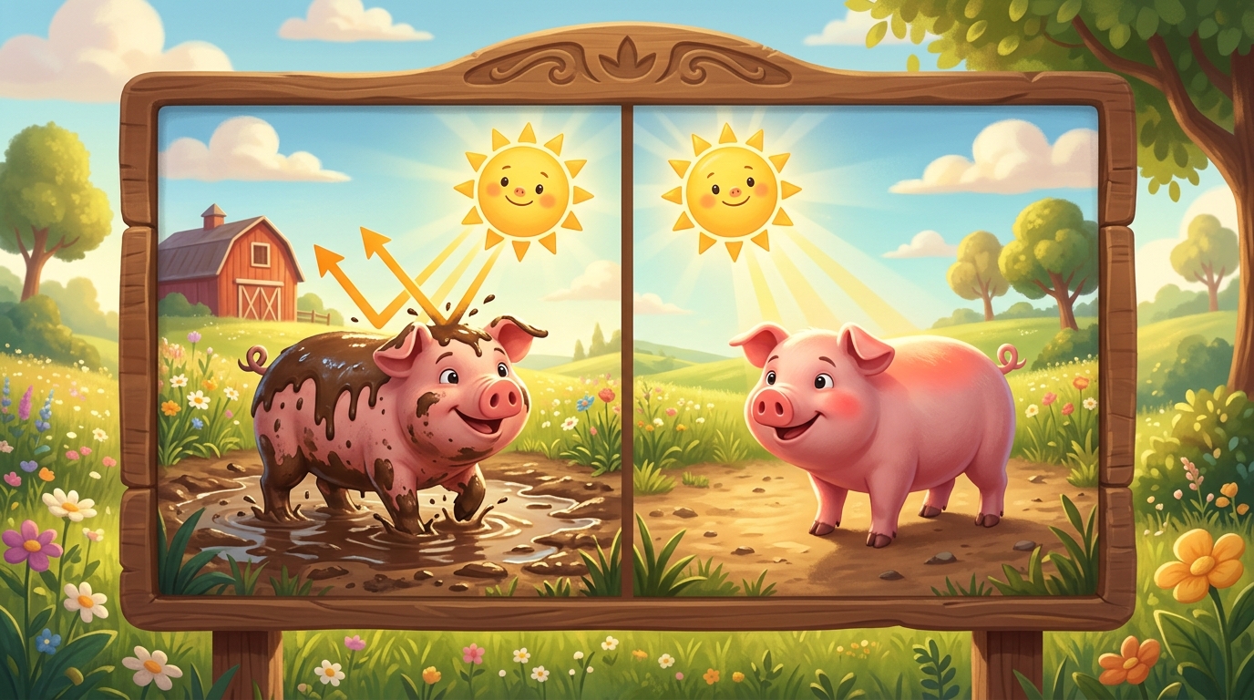 Educational split-screen: pig skin without mud (left) vs. protected by mud (right), scientific illustration style