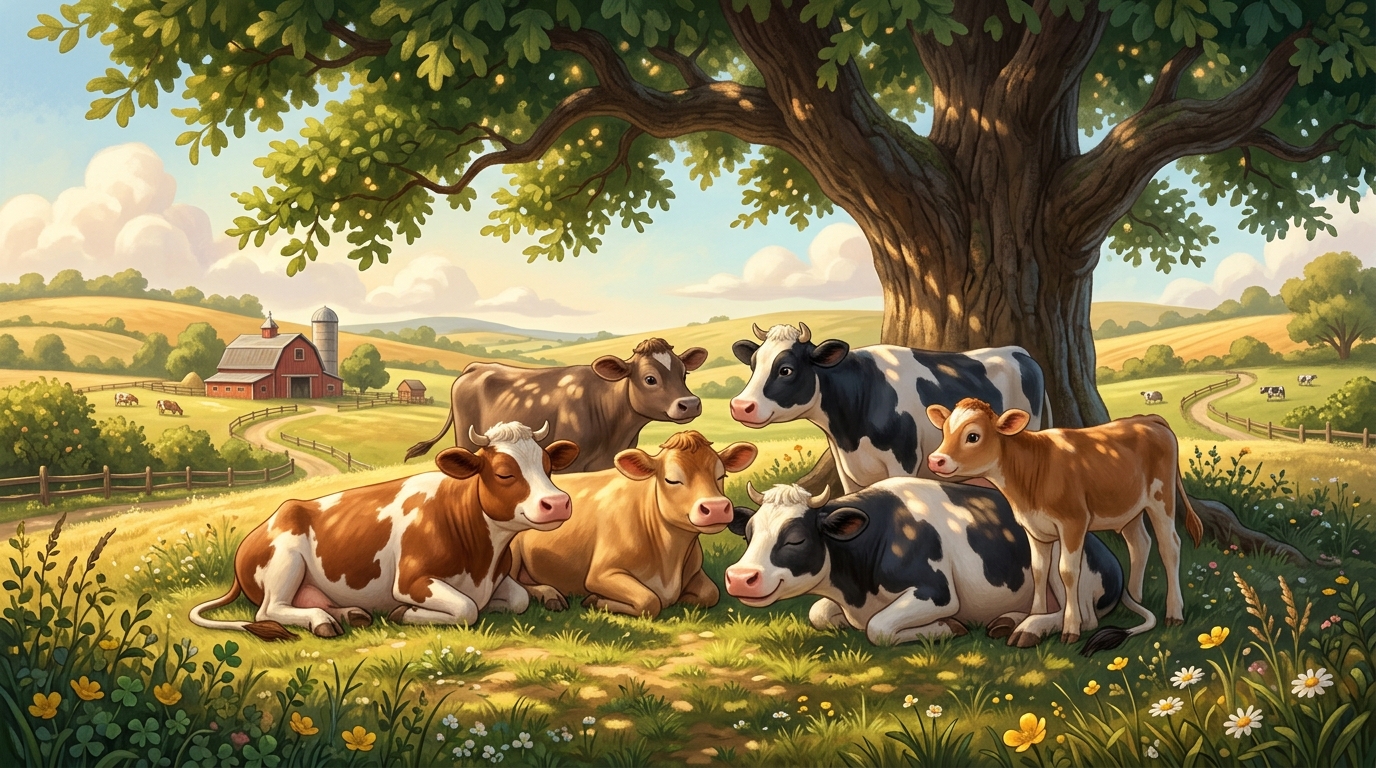 Multiple cows standing closely together in the shade of a large oak or acacia tree, peaceful, resting