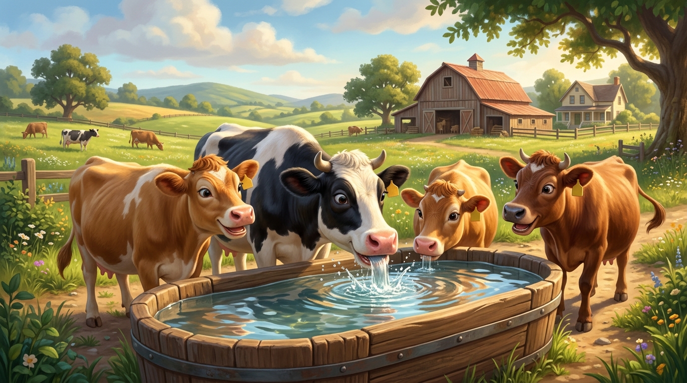 Cows drinking from a water trough or stream, close-up of drinking behavior, water splashing