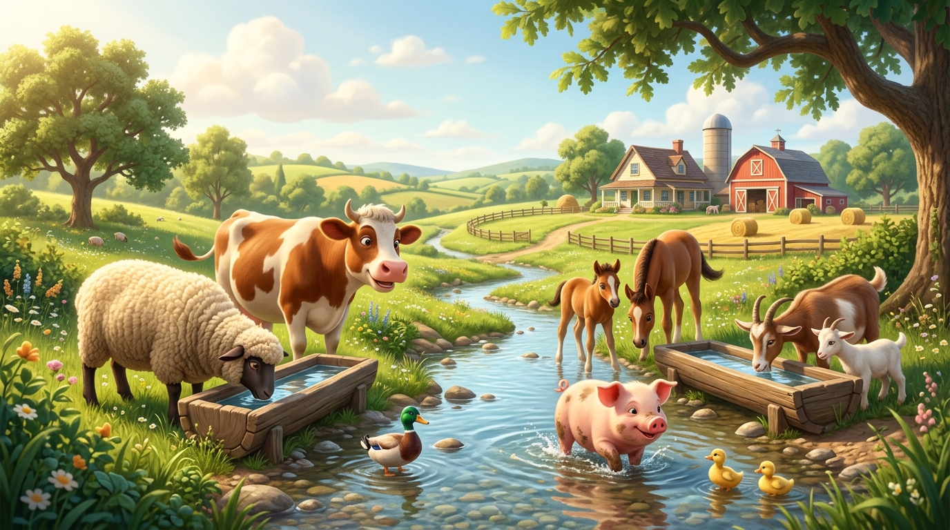 Various farm animals (sheep, goats, horses) at water sources, different animals drinking together peacefully