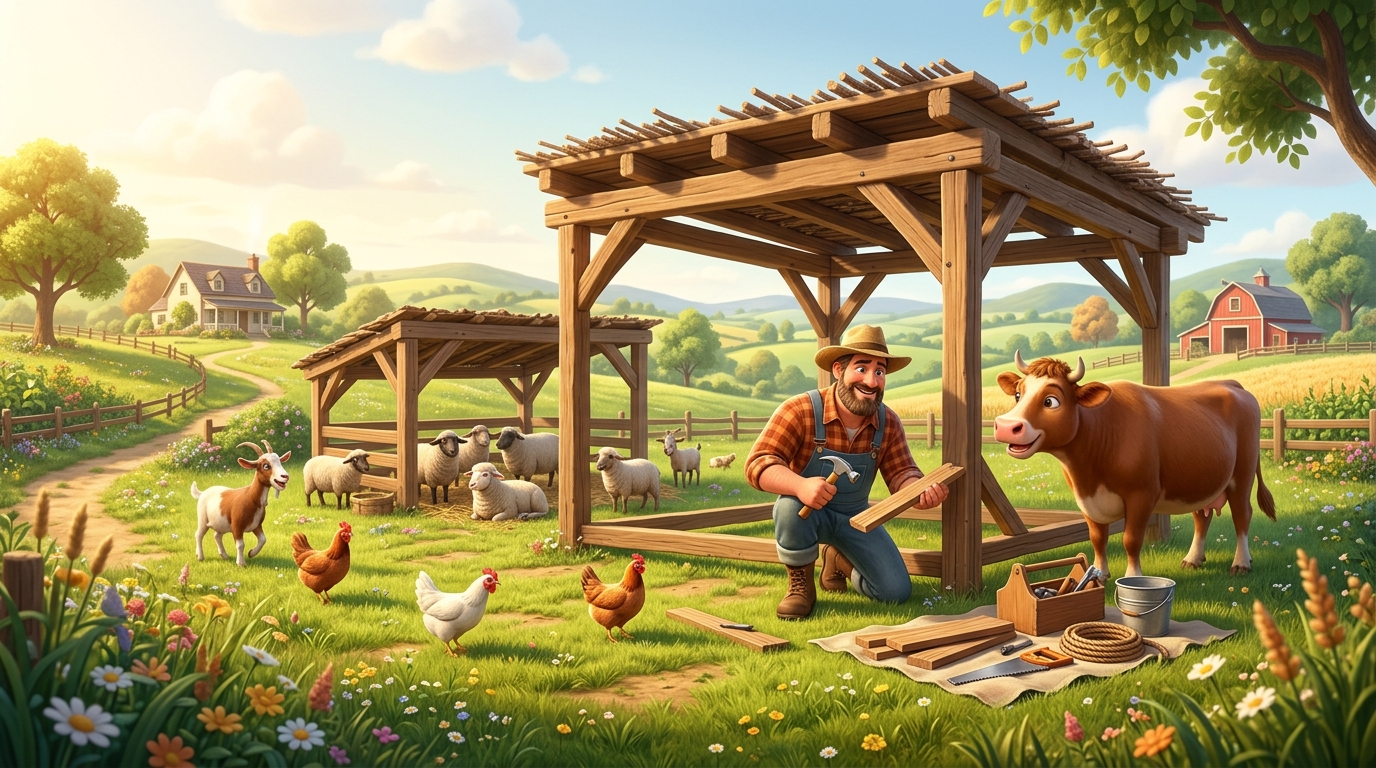Farmer building or maintaining shade structures (wooden shelters, canopies) for animals on pasture, daytime work