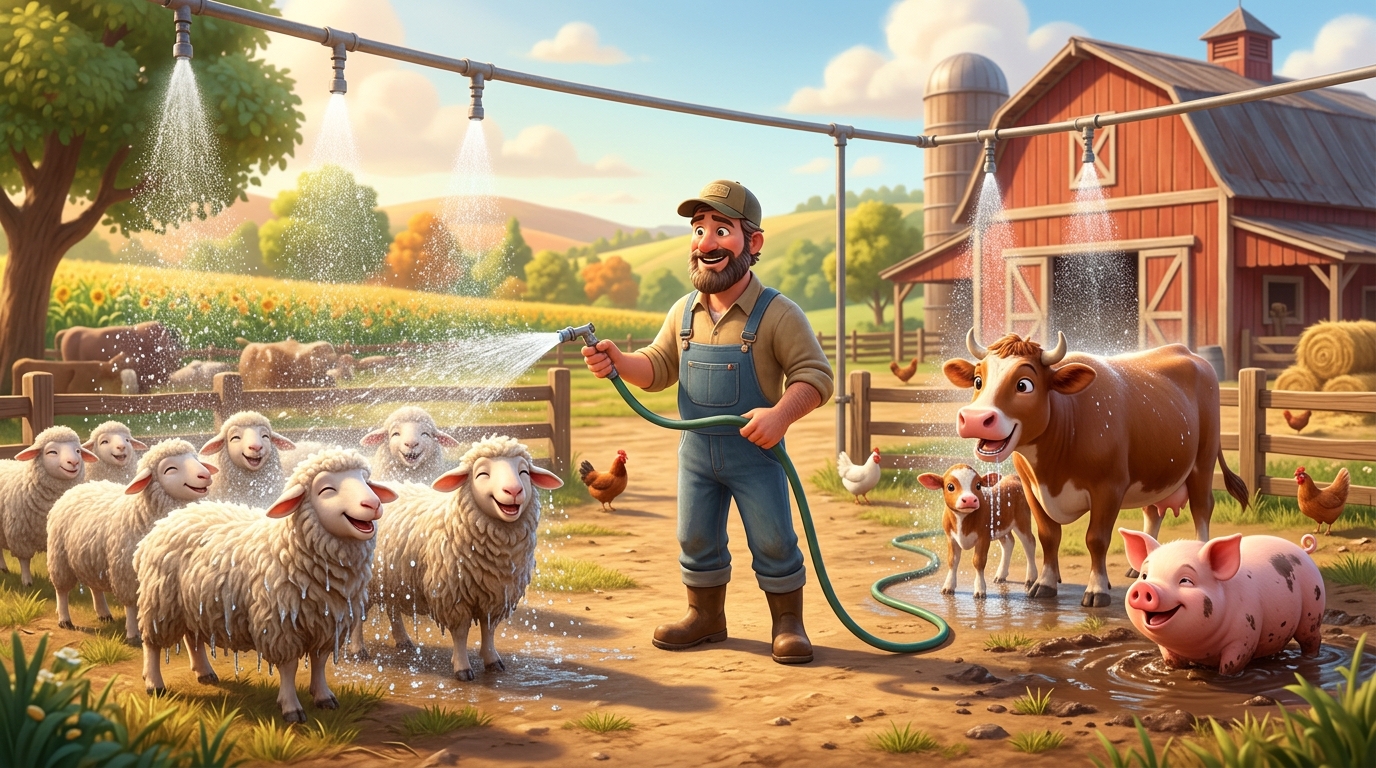 Farmer spraying mist system over animals, water droplets visible, animals visibly enjoying the cooling effect