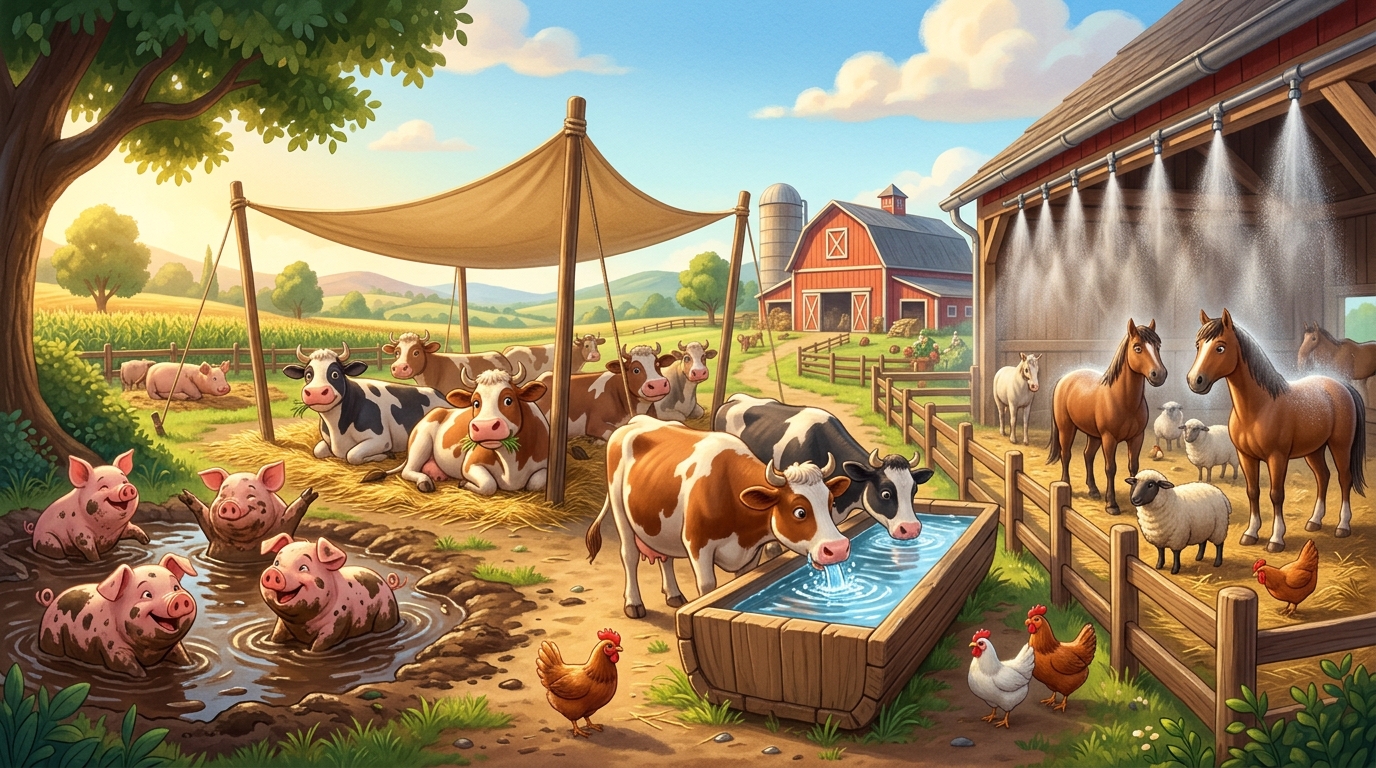 Montage of all cooling methods: pig in mud, cows under tree, animals drinking, farmer with misting system