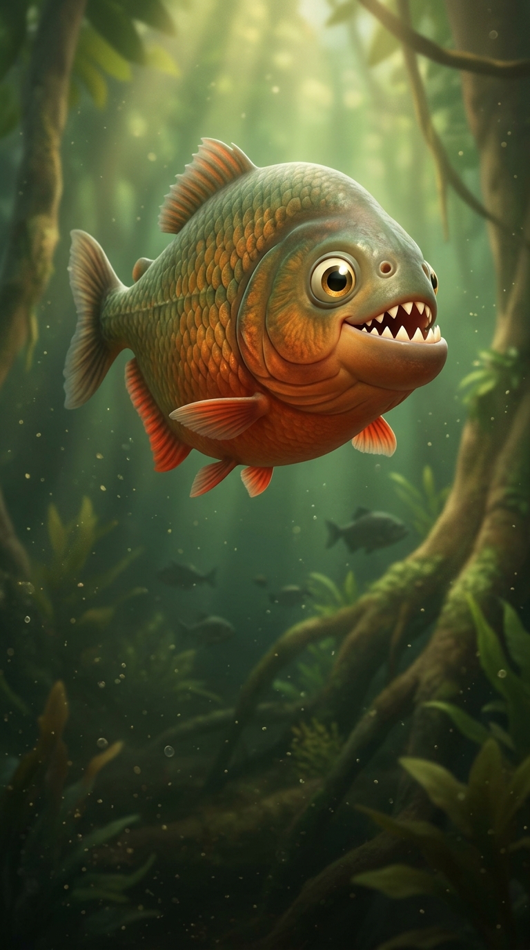 Piranha swimming towards camera in murky river water, teeth visible, red fins catching light