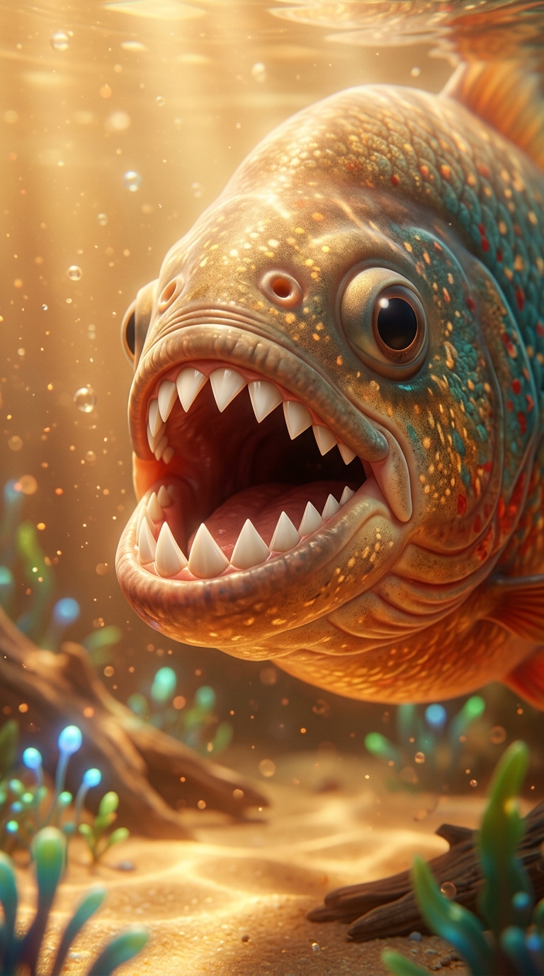 Extreme close-up macro shot of piranha jaw and teeth, showing razor-sharp triangular teeth in detail