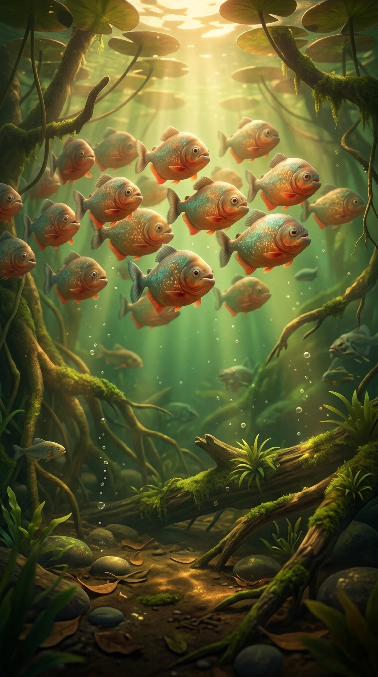 Piranha school swimming together in river, coordinated movement, natural habitat