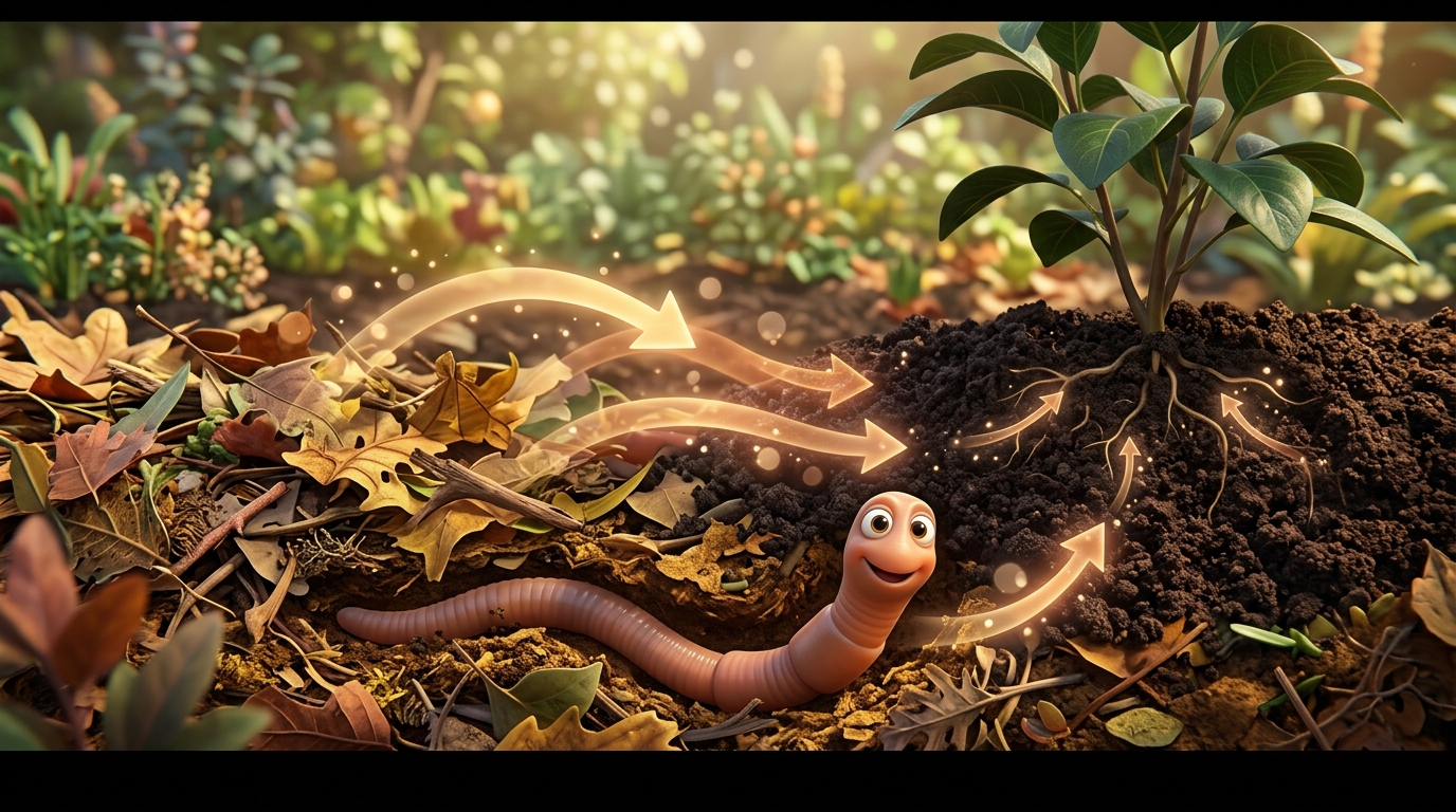 Earthworm processing organic matter in soil, decomposition cycle, nutrient transformation, organic material becoming rich soil